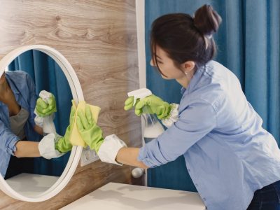 Woman with sponge and rubber gloves cleaning house Housewife woking at home. Lady in a blue shirt. Woman clean mirror.